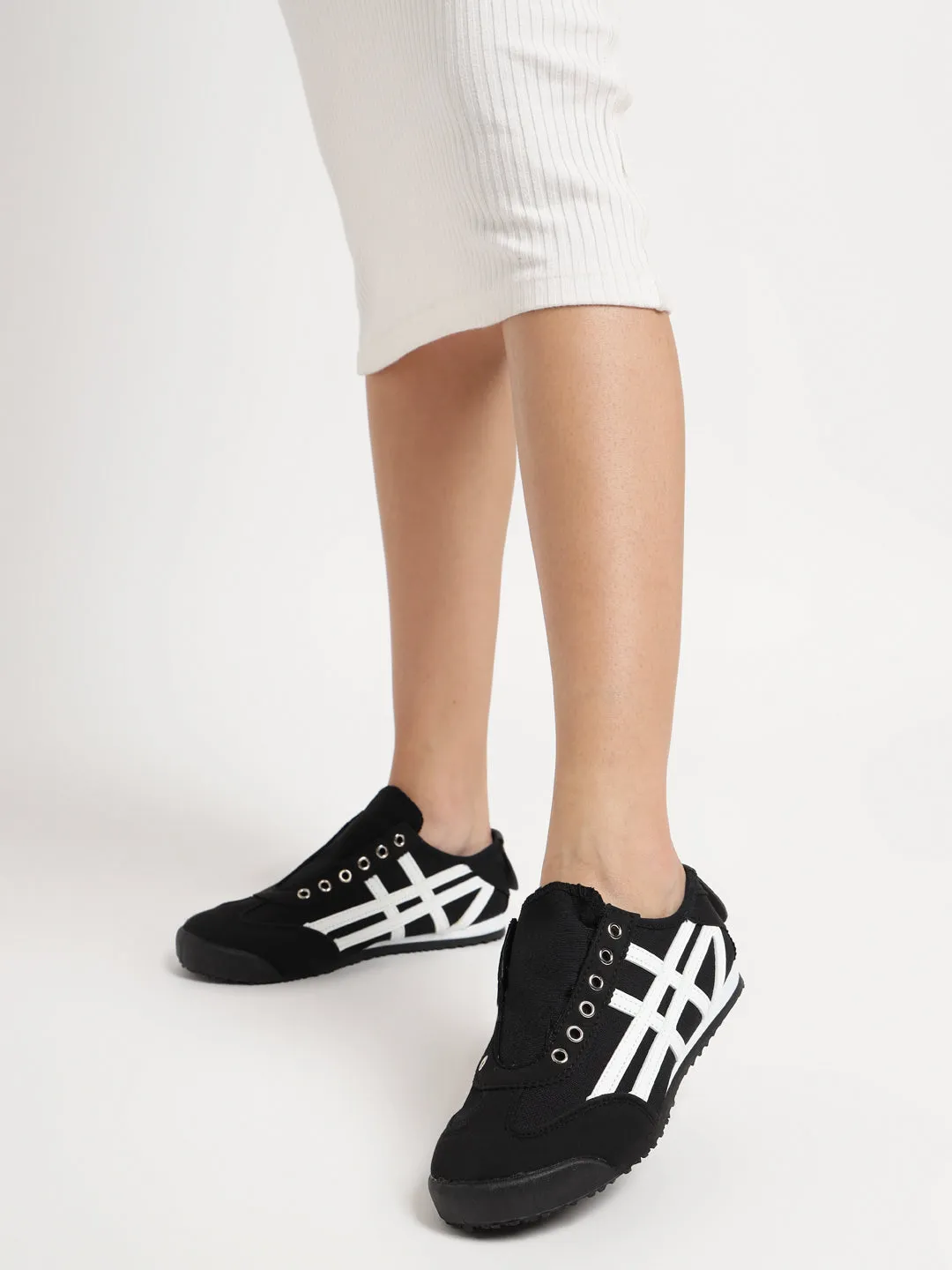 Black White Canvas Stylish Slip-On Sneakers (TC-RS3801-BLKWHT)