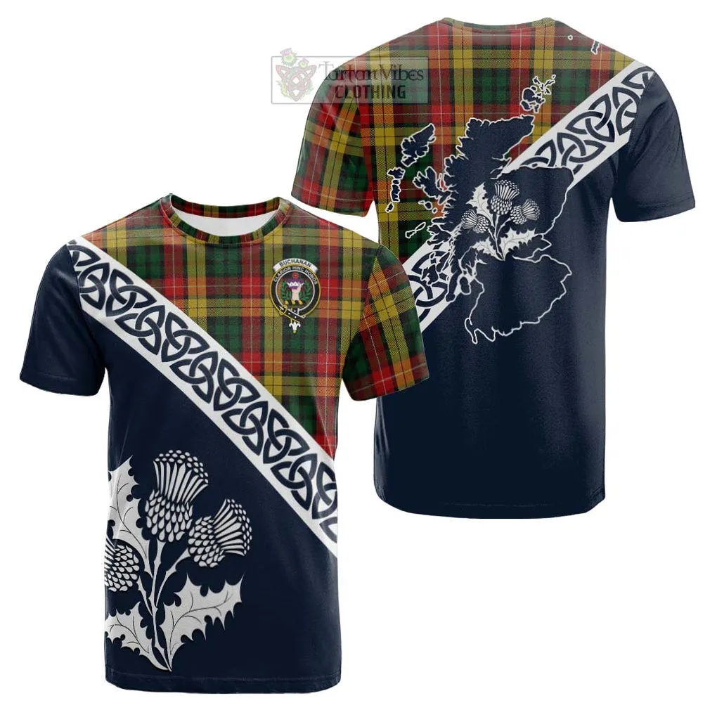 Buchanan Tartan Cotton T-shirt Featuring Thistle and Scotland Map