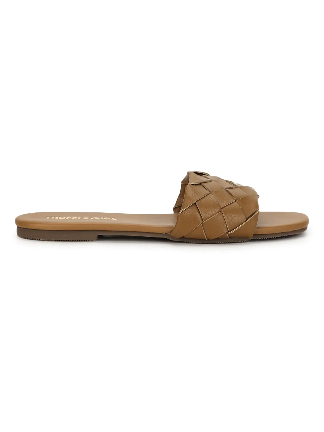 Camel PU Woven Slide On Flat Sandals