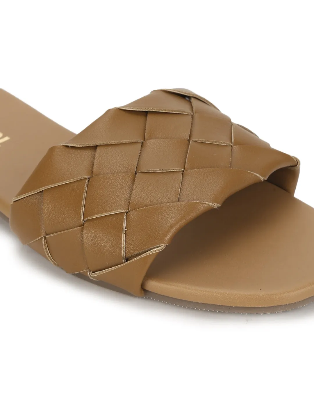 Camel PU Woven Slide On Flat Sandals