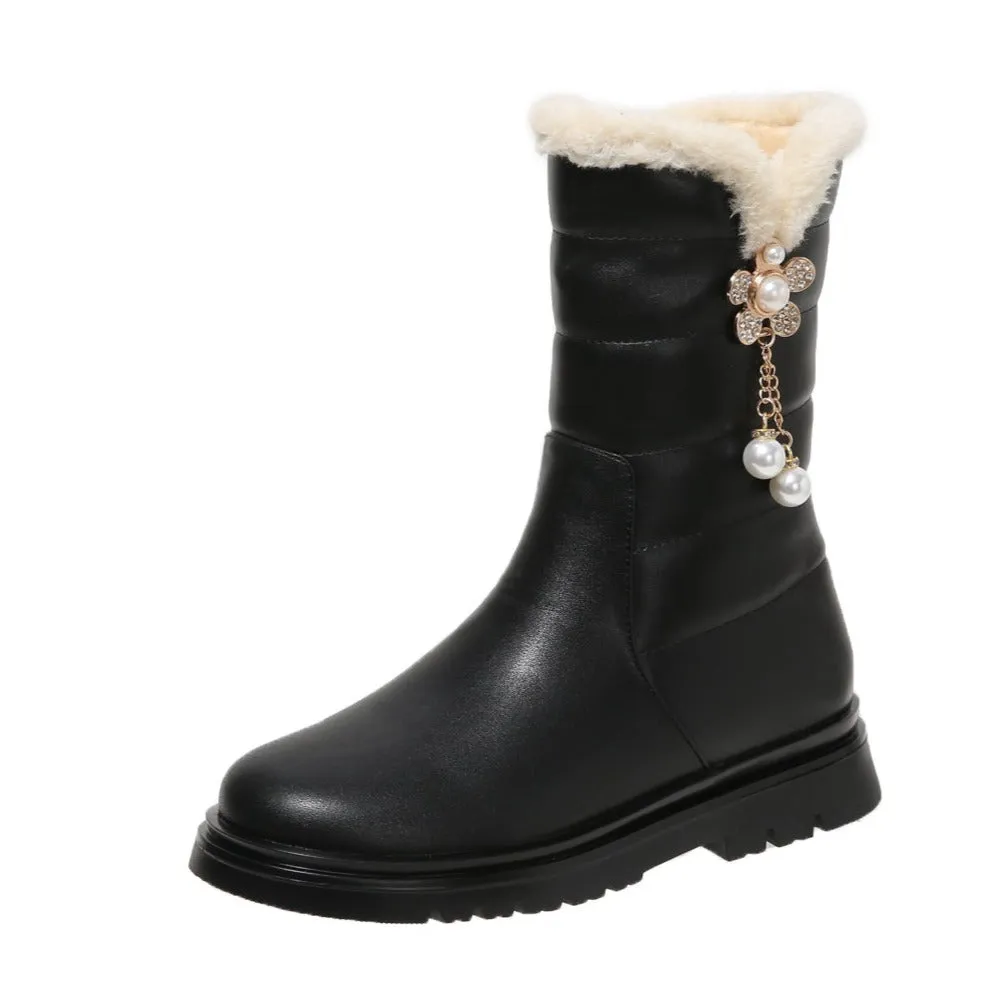 Cute Big Kids Girls Snow Warm Boots Side Zipper Flat Boots