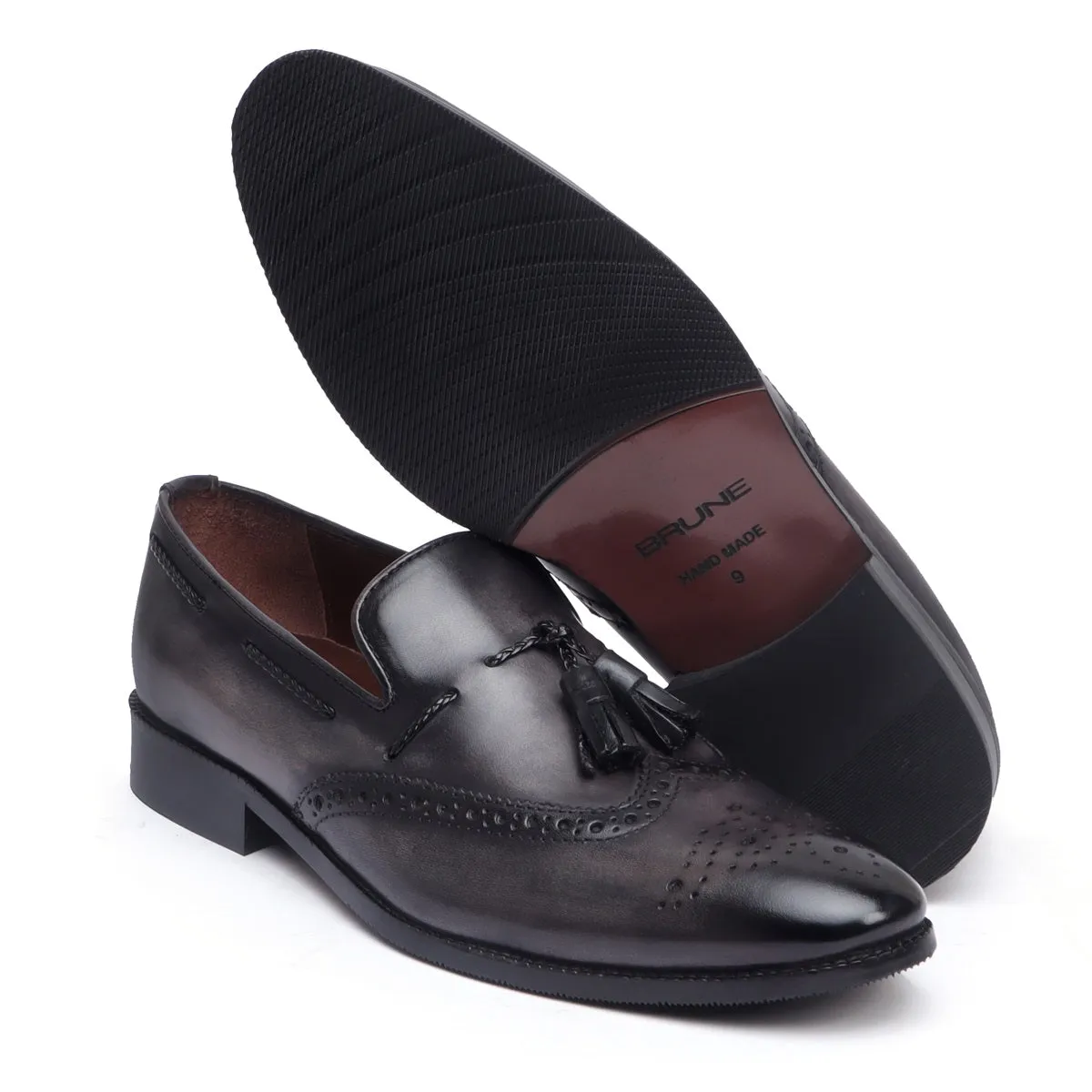 Grey Punching Brogue Medallion Toe Formal Tassel Slip-On Shoes By Brune & Bareskin