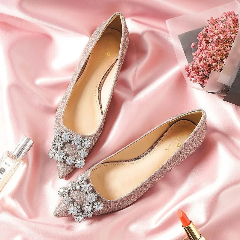 Hnzxzm Fashion Shoes Women Flats Rhinestone Pointed toe Office Lady Shoes Gold Pink Silver Ballet Flat Shoes Plus Size 42 A4575