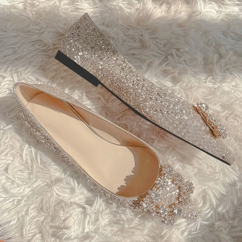 Hnzxzm Fashion Shoes Women Flats Rhinestone Pointed toe Office Lady Shoes Gold Pink Silver Ballet Flat Shoes Plus Size 42 A4575