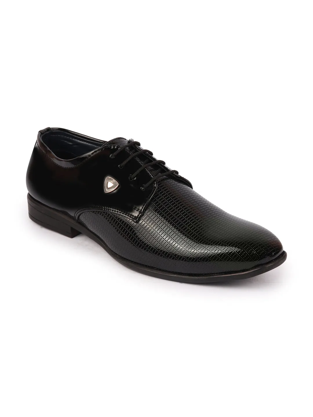 Men Black Patent Leather Textured Design Formal Office Lace Up Shoes