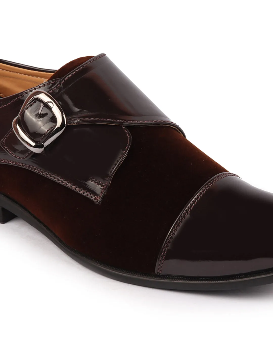 Men Brown Patent Leather Velvet Single Strap Monk Formal Slip On Shoes