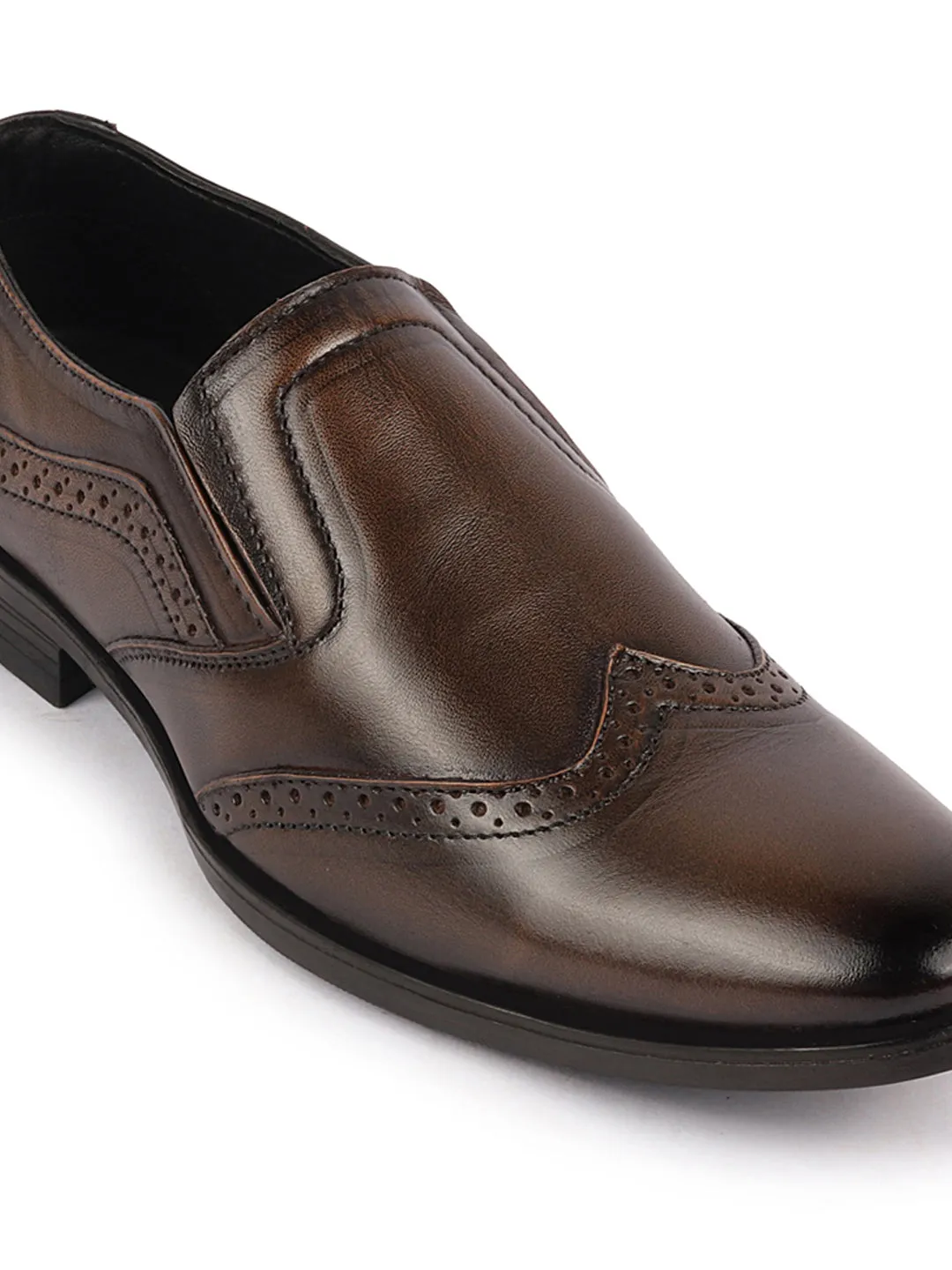 Men Tan Party Formal Office Genuine Leather Brogue Slip On Shoes