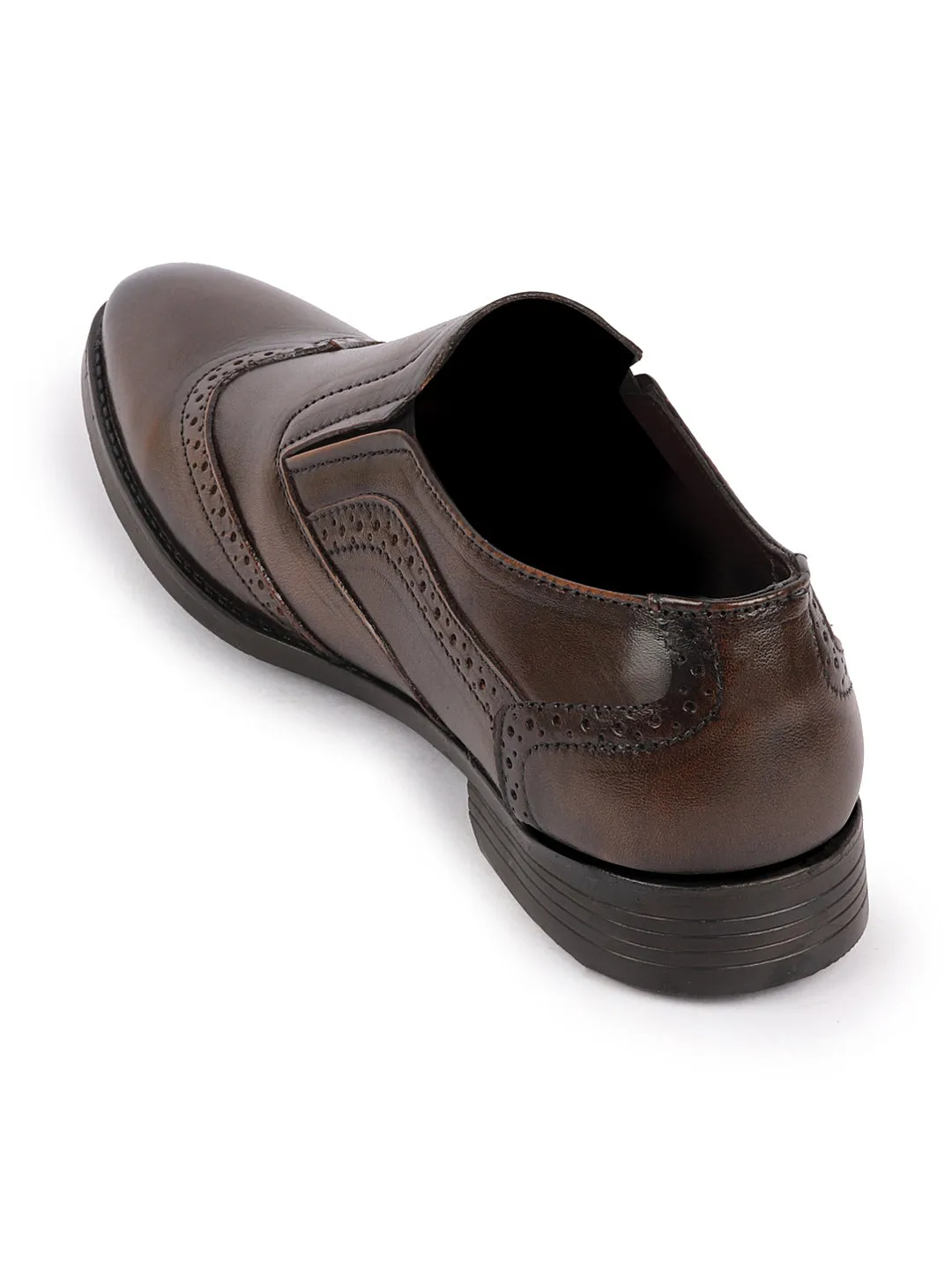 Men Tan Party Formal Office Genuine Leather Brogue Slip On Shoes