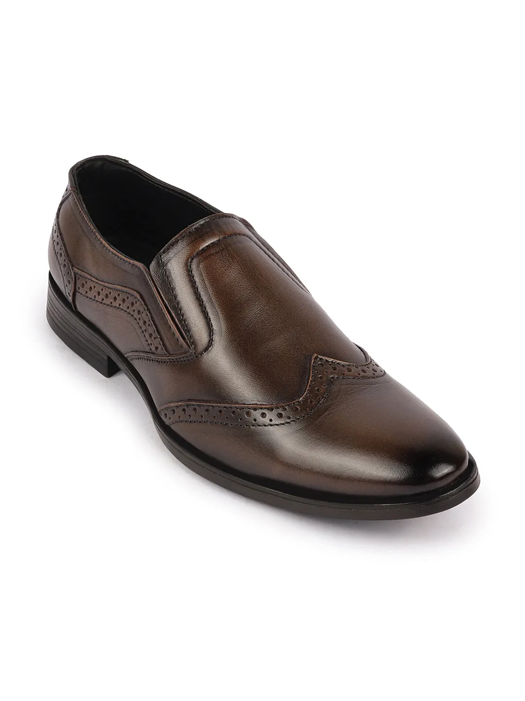 Men Tan Party Formal Office Genuine Leather Brogue Slip On Shoes