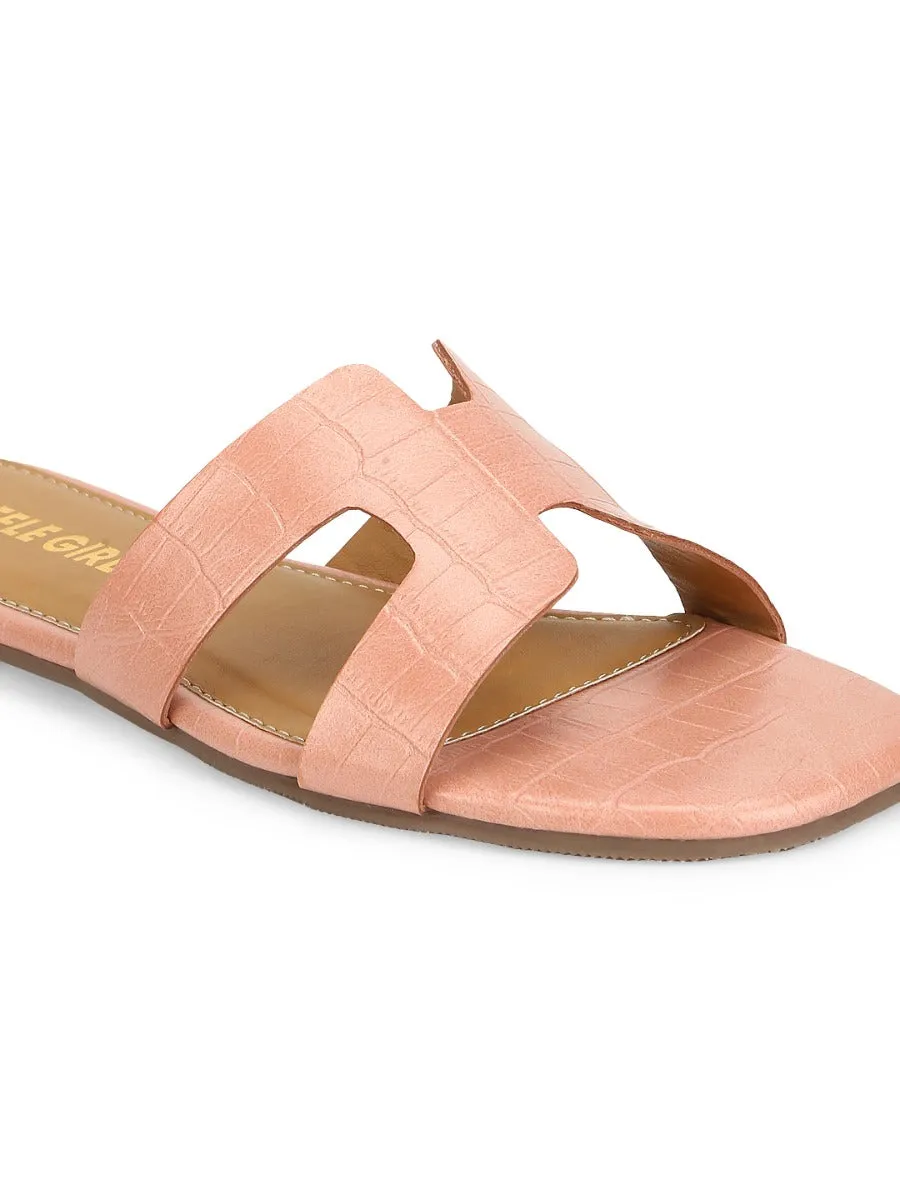 Pink Nude Croc PU Slip On Slides