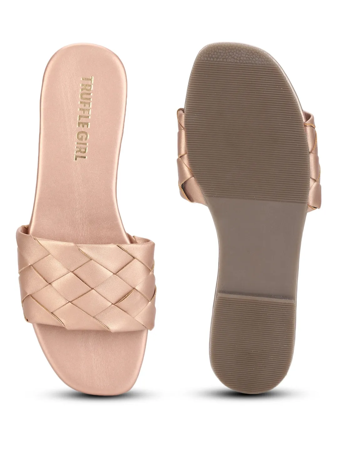 Rose Gold PU Woven Slide On Flat Sandals