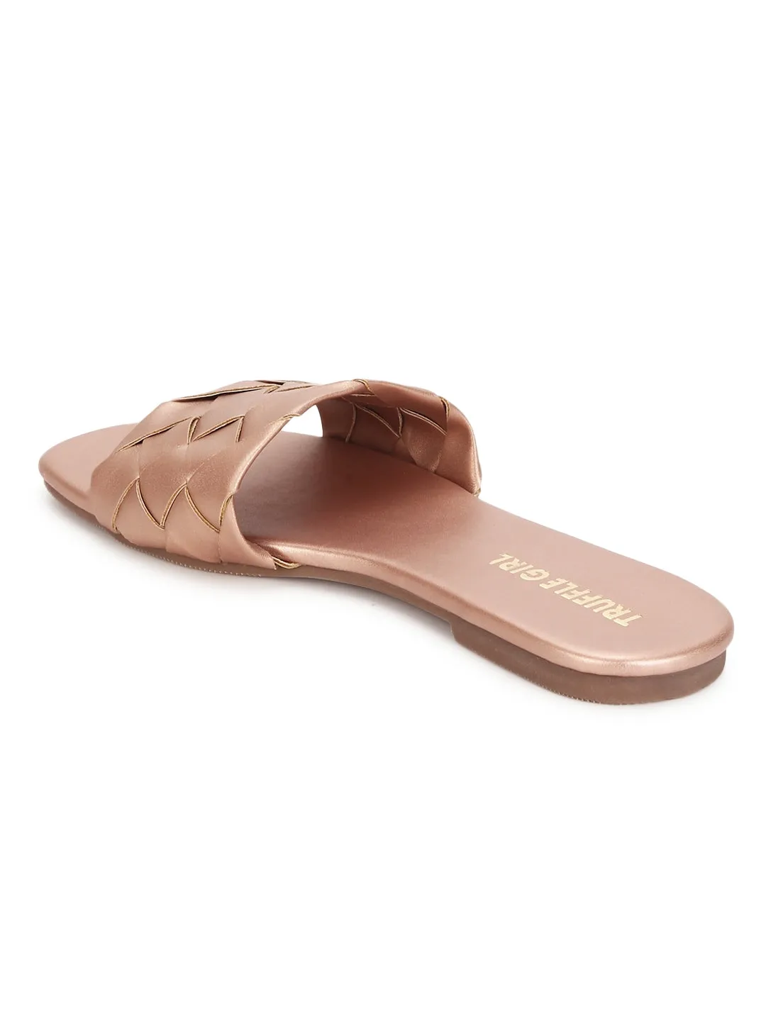 Rose Gold PU Woven Slide On Flat Sandals