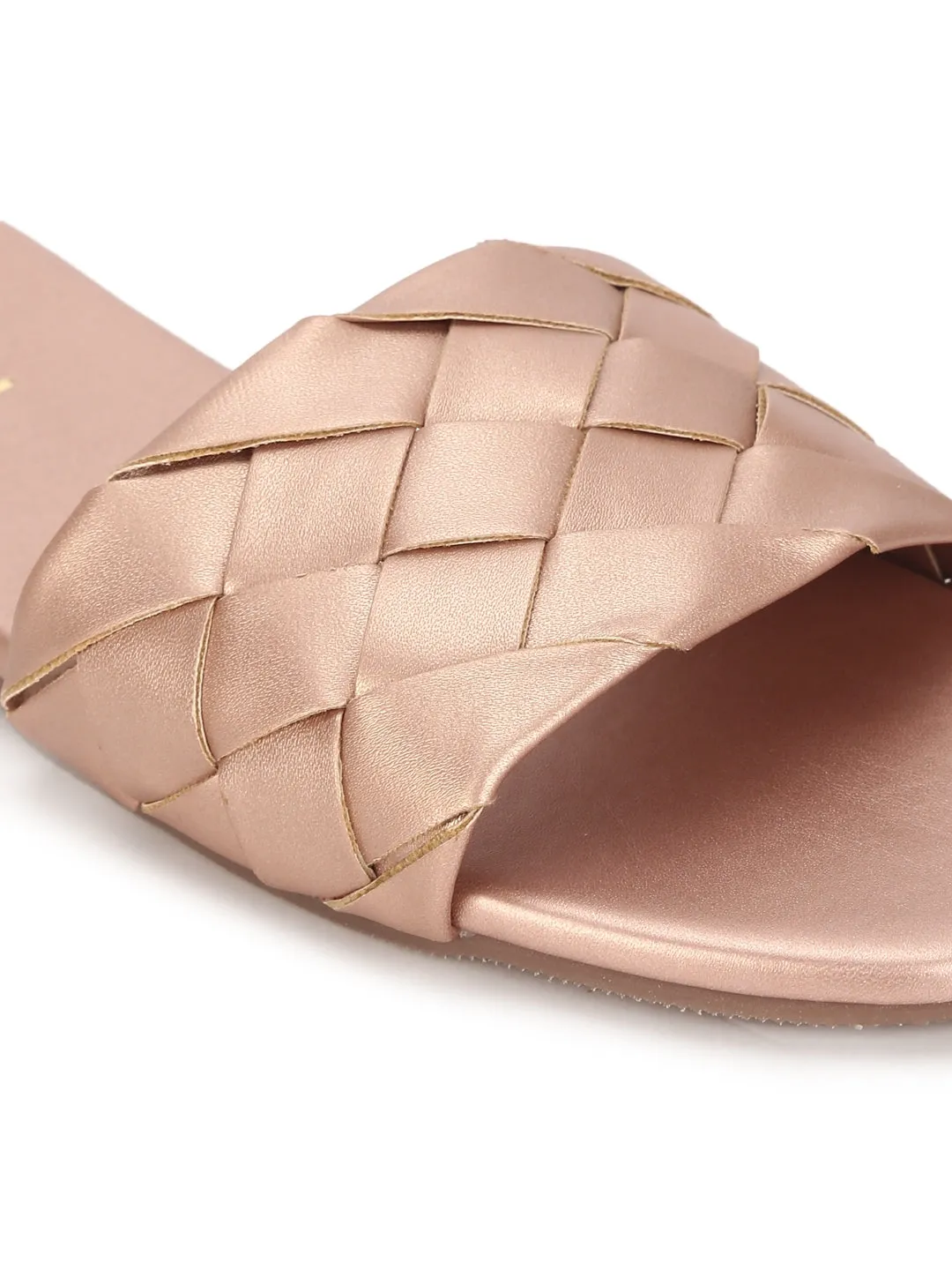 Rose Gold PU Woven Slide On Flat Sandals