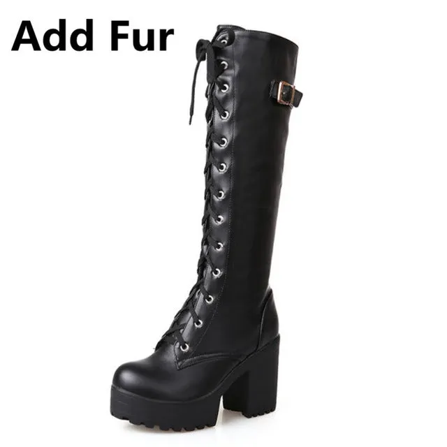 Sexy High Heels Knee-High Boots Platform Winter add Fur Snow Boot Female