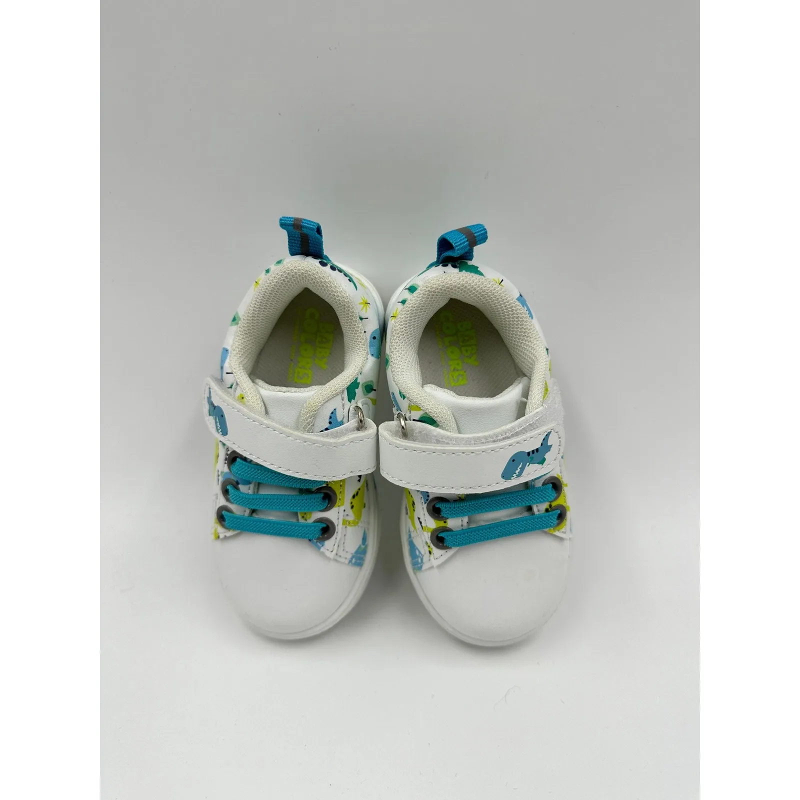 Toddler Size 6, White Casual Sneakers, with Blue Laces and Dino Print