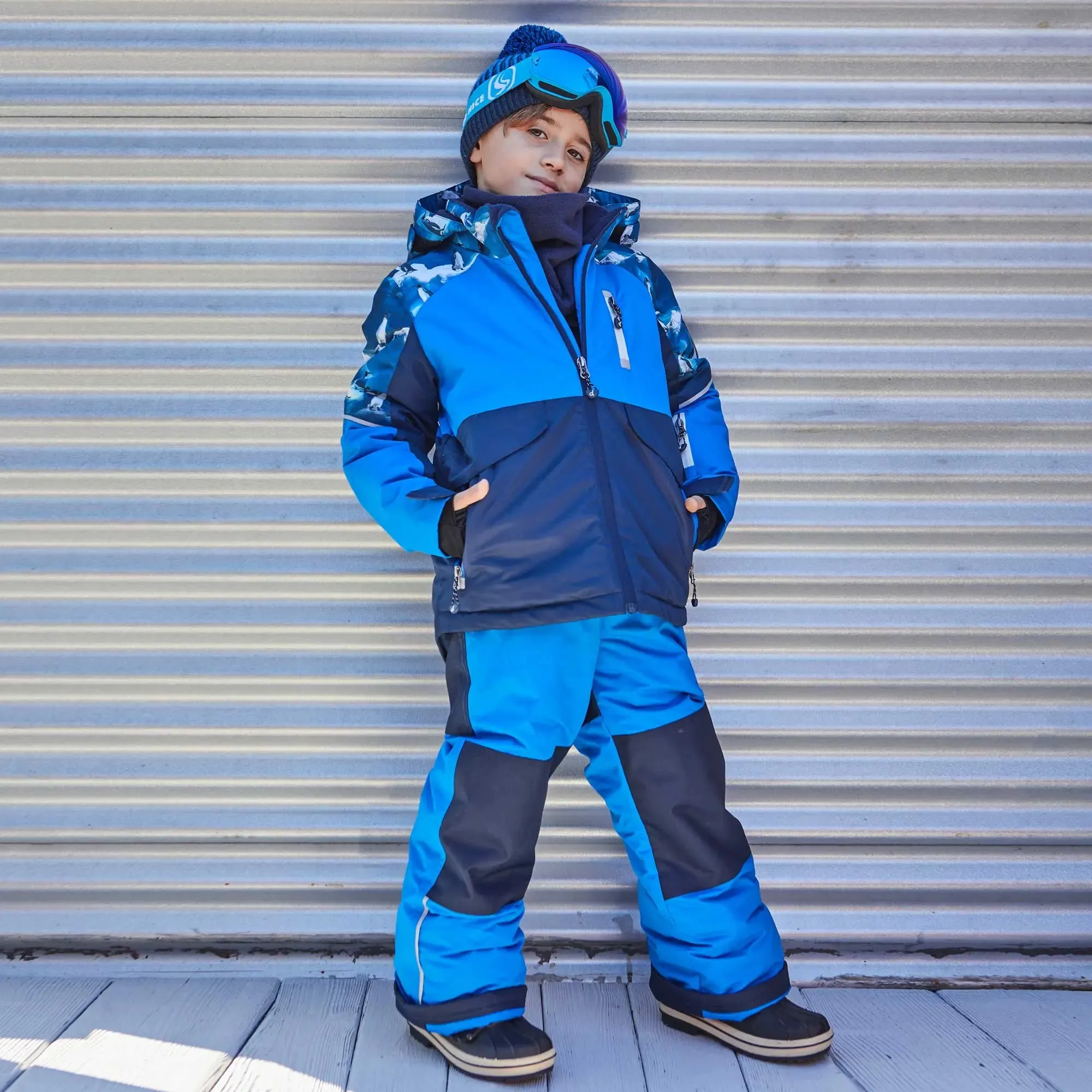 Two Piece Boys Snowsuit Royal Blue With Printed Penguins | DEUX PAR DEUX