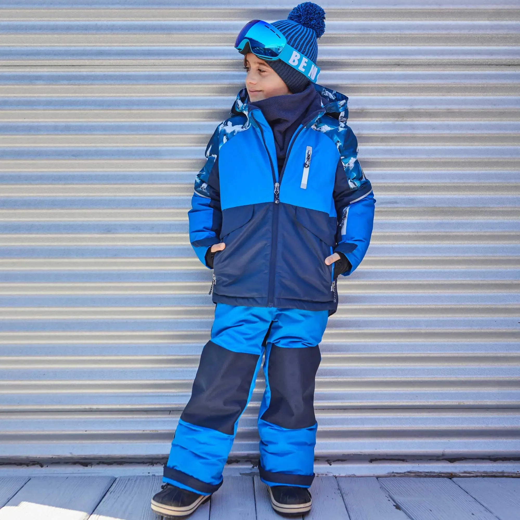 Two Piece Boys Snowsuit Royal Blue With Printed Penguins | DEUX PAR DEUX