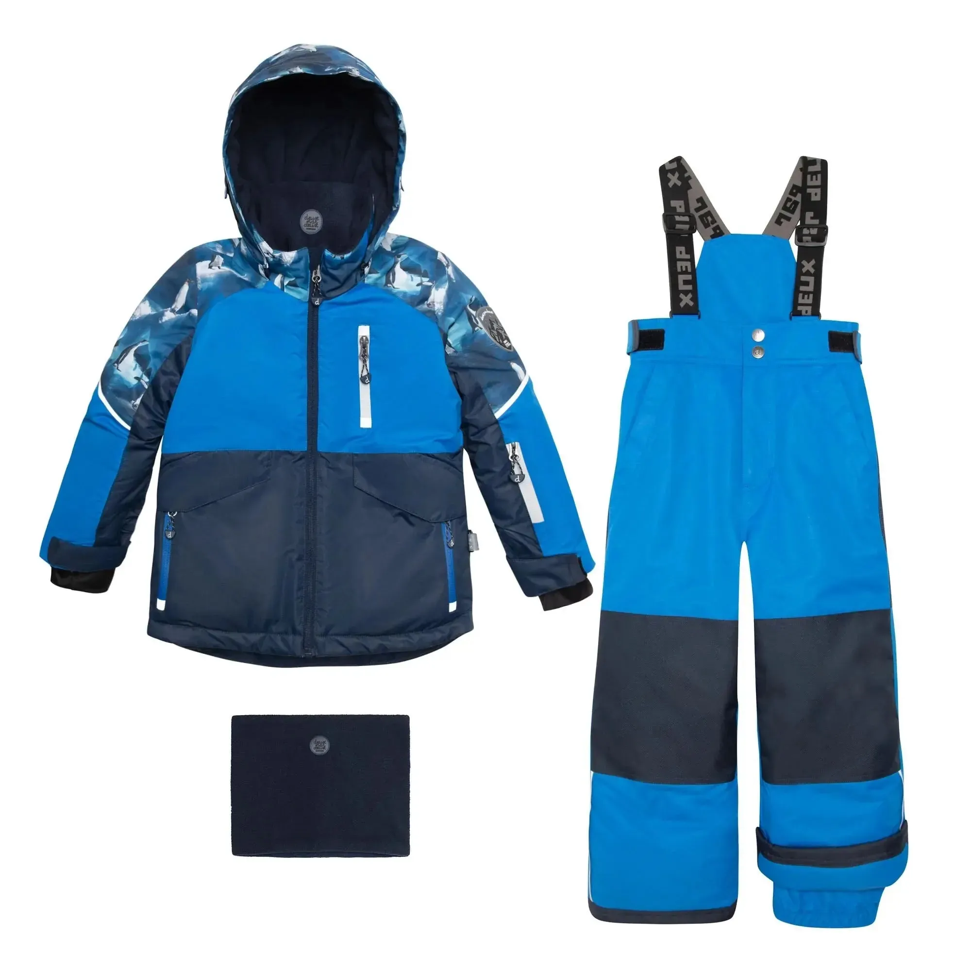 Two Piece Boys Snowsuit Royal Blue With Printed Penguins | DEUX PAR DEUX