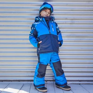 Two Piece Boys Snowsuit Royal Blue With Printed Penguins | DEUX PAR DEUX