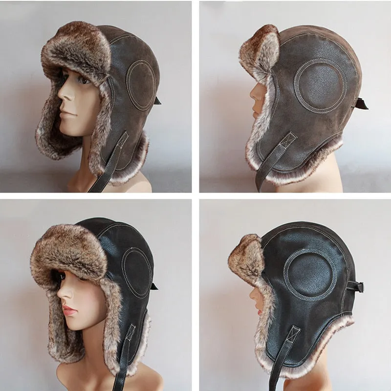 Winter Ushanka Hat Men Women's  Pilot Aviator Bomber Trapper Hat Faux Fur Leather Snow Cap with Ear Flaps